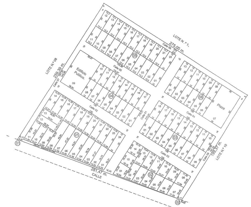 Plano del loteamiento Vistas de Tobatí: seis manzanas, calles y plaza